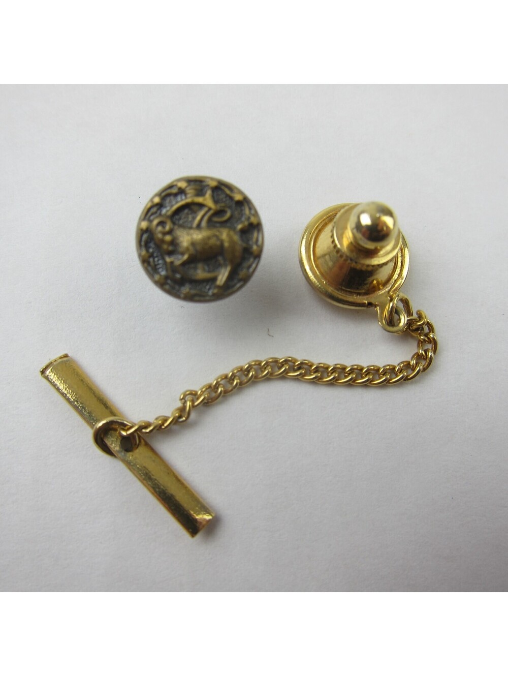 Vintage Zodiac Aries Ram 12 Stars Tie Tack Lapel Pin with Chain Tie Bar